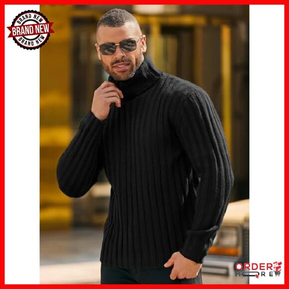 Chunky Cable Knit Turtleneck Sweater Slim Fit Mens Winter Pullover - Picture 4 of 6